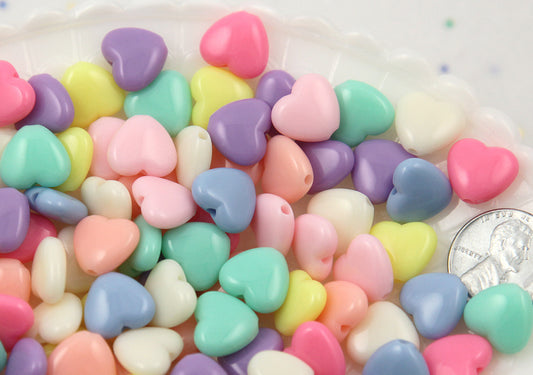 12mm Beautiful Bright Pastel Heart Acrylic or Resin Beads - 100 pcs set