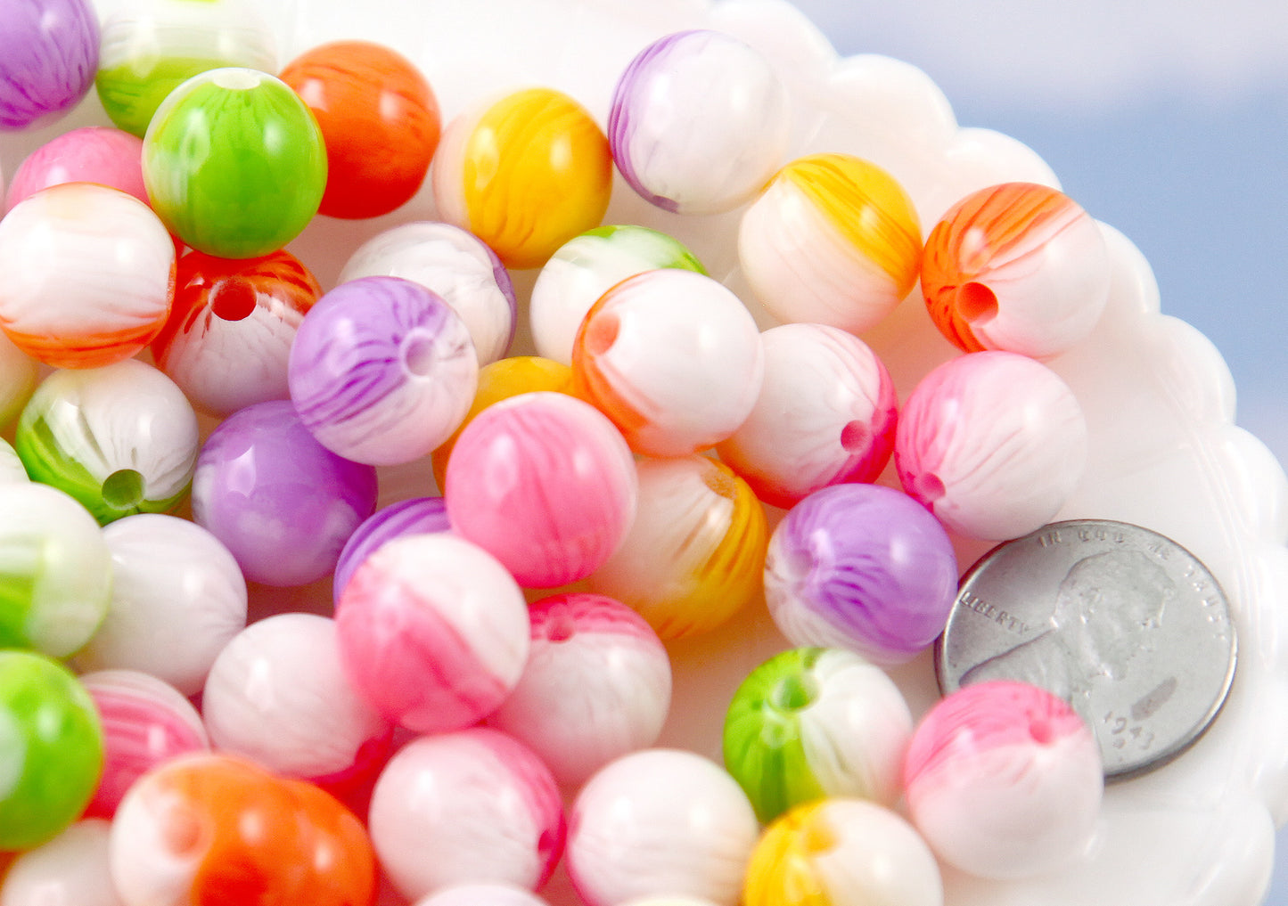 Cute Resin Beads - 12mm Pastel Candy Two Tone Marble Stripe Acrylic or Resin Beads - mixed color, small size beads - 50 pcs set