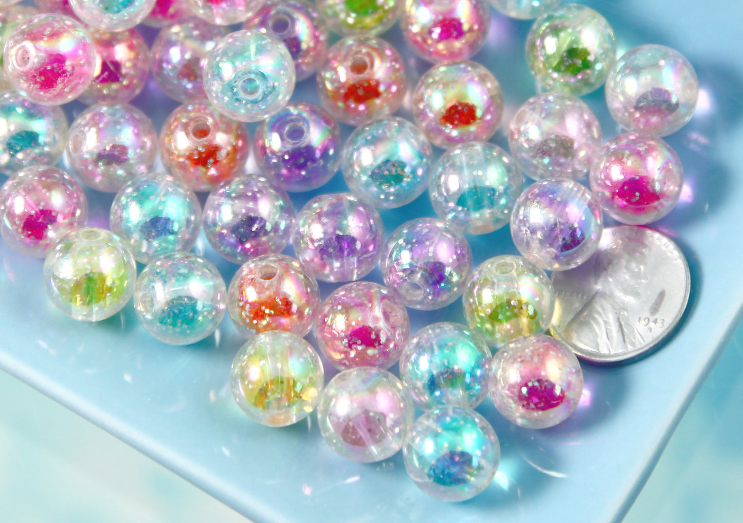 Cute Beads - 12mm Glitter Transparent AB Double Inner Acrylic or Plastic Beads - 35 pc set