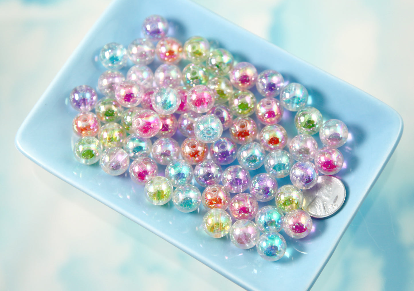 Cute Beads - 12mm Glitter Transparent AB Double Inner Acrylic or Plastic Beads - 35 pc set