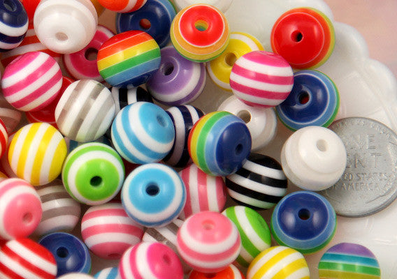 12mm Striped Resin Beads, mixed color, small to medium size beads - 50 pc set