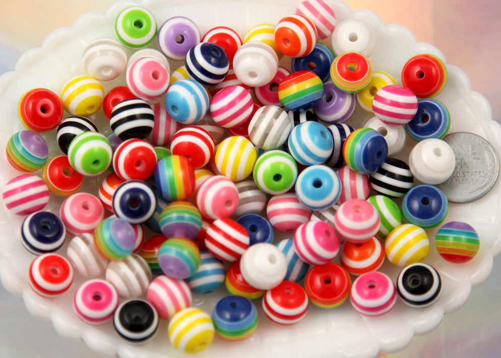 12mm Striped Resin Beads, mixed color, small to medium size beads - 50 pc set
