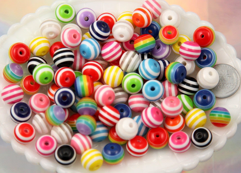 12mm Striped Resin Beads, mixed color, small to medium size beads - 50 pc set