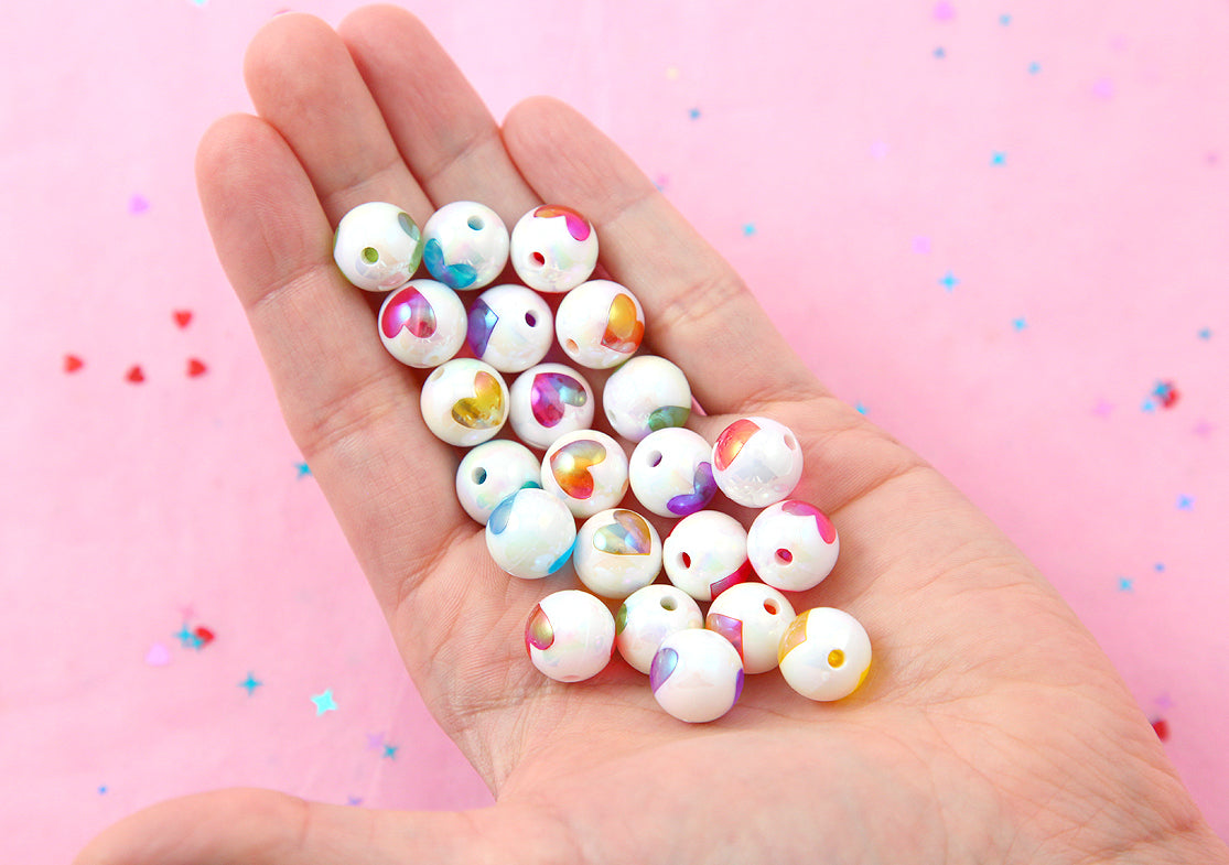 Heart Beads - 12mm Amazing AB Colorful White Inlaid Heart Acrylic or Resin Beads - 28 pcs set