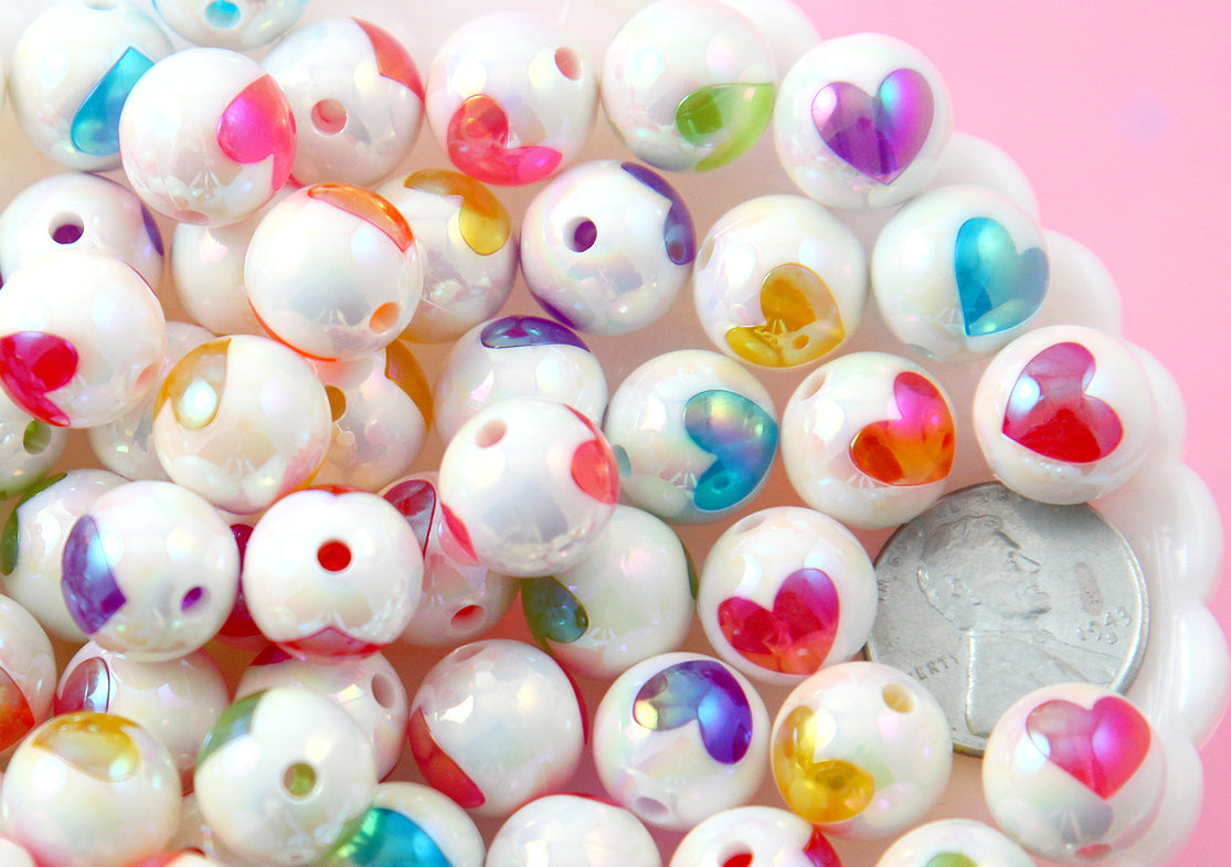 Heart Beads - 12mm Amazing AB Colorful White Inlaid Heart Acrylic or Resin Beads - 28 pcs set