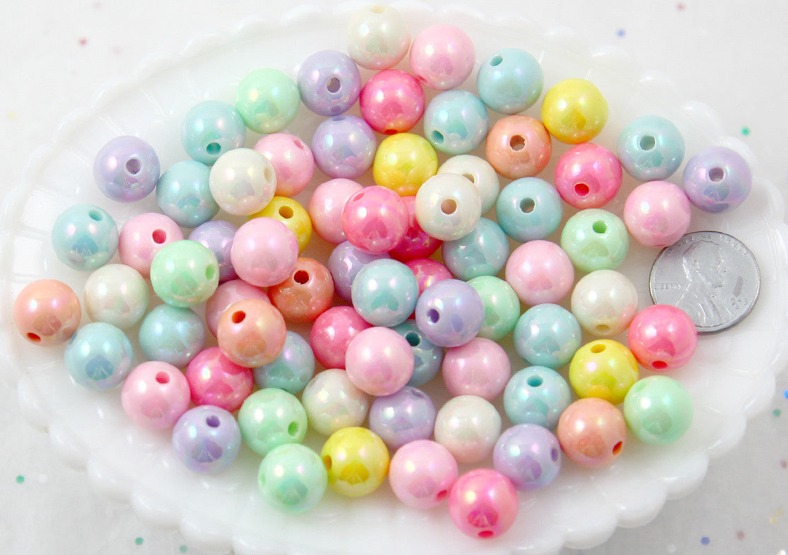 Pastel Beads - 12mm Ice Cream Pastel Colors Shiny AB Iridescent Small Round Shape Plastic or Acrylic Beads - 65 pcs set
