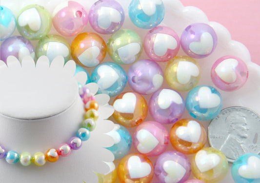 Pastel Heart Beads - 12mm Amazing AB Pastel Inlaid Heart Acrylic or Resin Beads - 24 pcs set