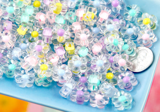 Acrylic Flower Beads - 12mm Small Pastel Transparent Acrylic Flower Beads with Inner Bead - Little Resin Flower Beads - 75 pc set