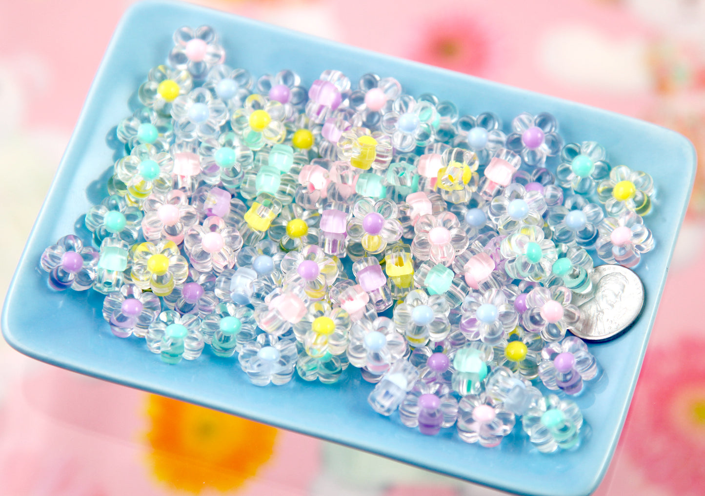 Acrylic Flower Beads - 12mm Small Pastel Transparent Acrylic Flower Beads with Inner Bead - Little Resin Flower Beads - 75 pc set