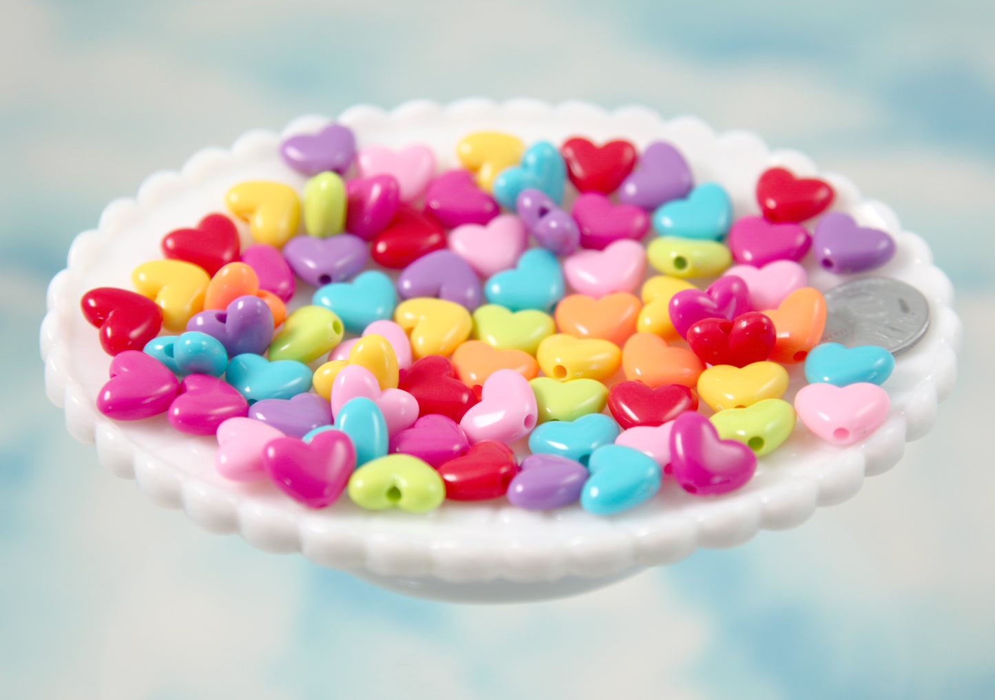 Plastic Heart Beads - 12mm Small Flat Bright Color Plastic Pastel Heart Resin or Acrylic Beads - 80 pc set
