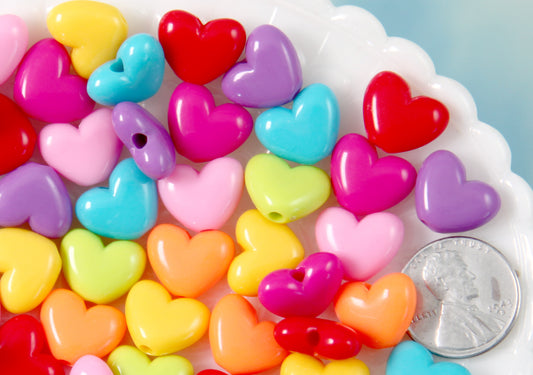 Plastic Heart Beads - 12mm Small Flat Bright Color Plastic Pastel Heart Resin or Acrylic Beads - 80 pc set