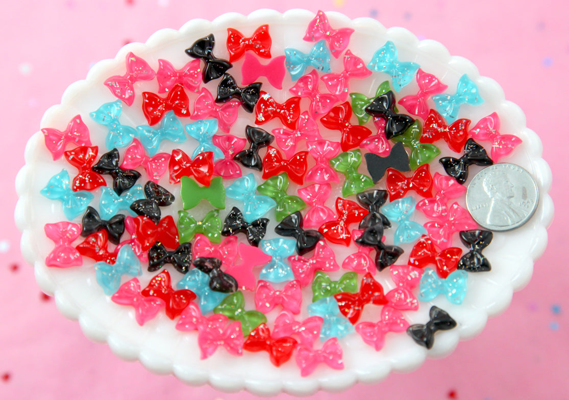 Mini Bows - 12mm Tiny Glitter Bows Resin Ribbon Cabochons - 22 pcs set