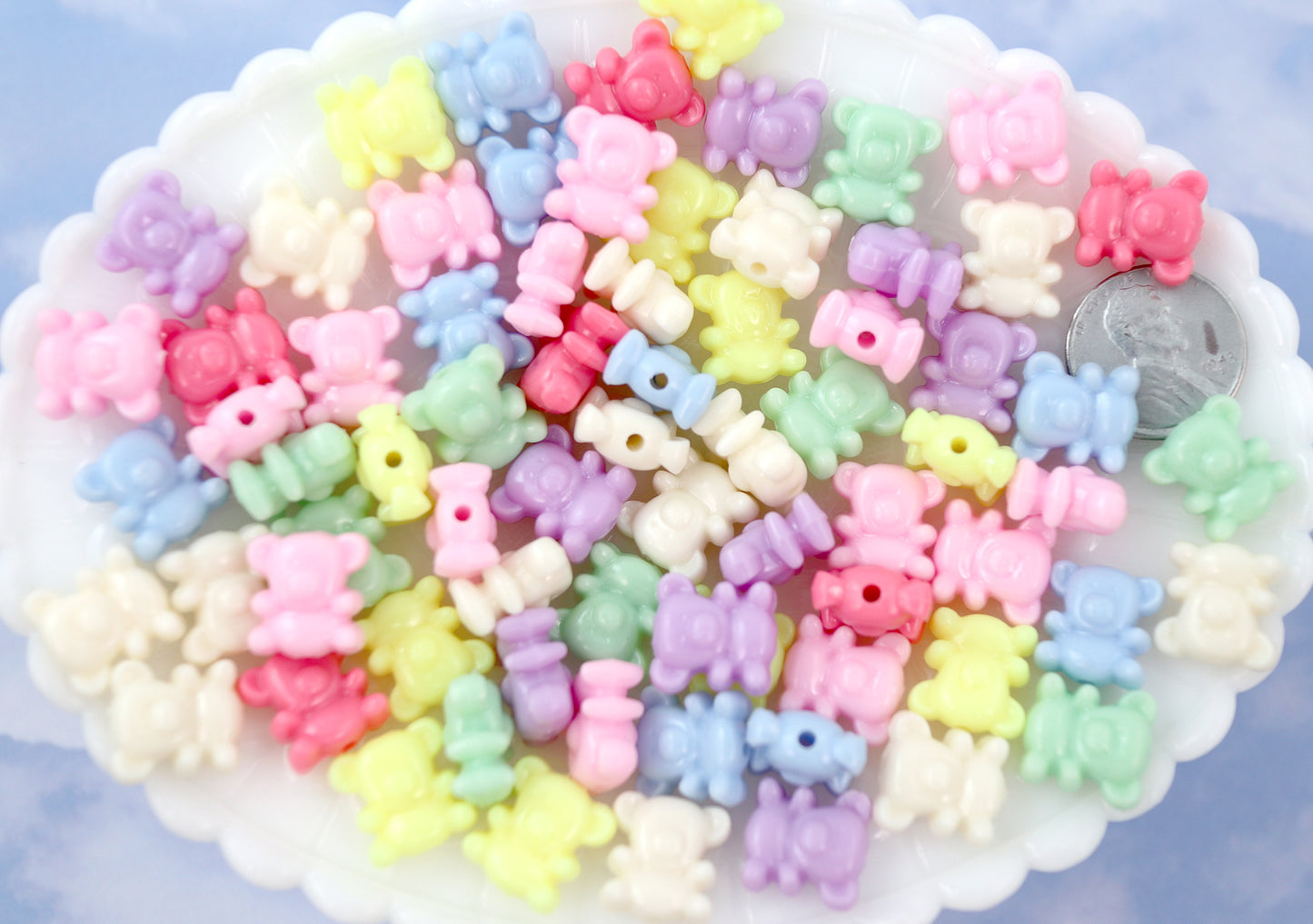 Pastel Beads - 12mm Tiny Pastel Teddy Bear Bright Color Acrylic or Plastic Beads - 80 pc set