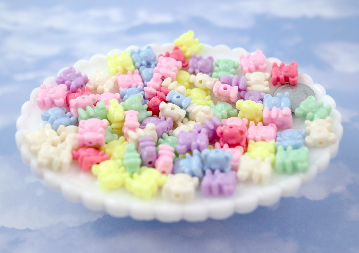 Pastel Beads - 12mm Tiny Pastel Teddy Bear Bright Color Acrylic or Plastic Beads - 80 pc set