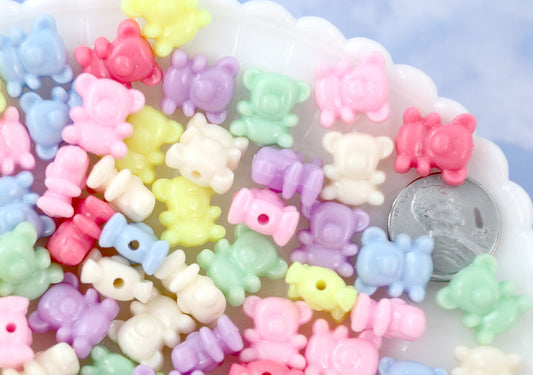 Pastel Beads - 12mm Tiny Pastel Teddy Bear Bright Color Acrylic or Plastic Beads - 80 pc set