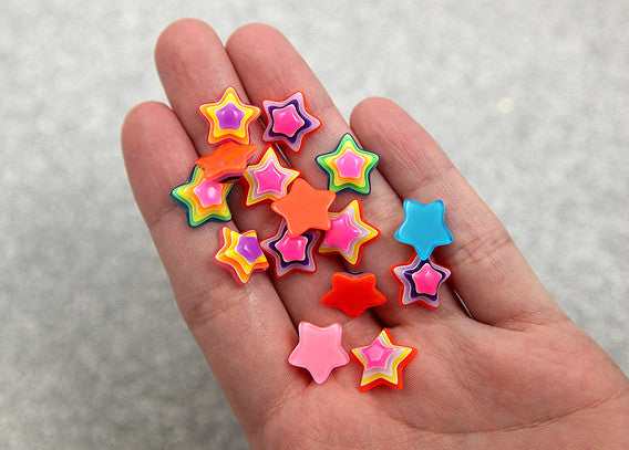 Star Flat Backs - 13mm Tiny Bright Striped Neon Rainbow Stars Resin Cabochons - 16 pc set