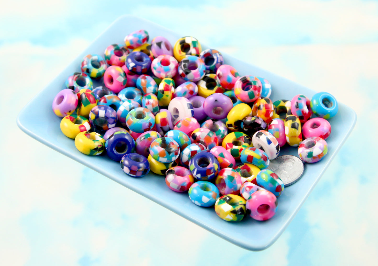 Colorful Resin Beads - 13mm Large Hole Confetti Rondelle Wide Euro Style Resin Beads - Super High Quality - 30 pcs set