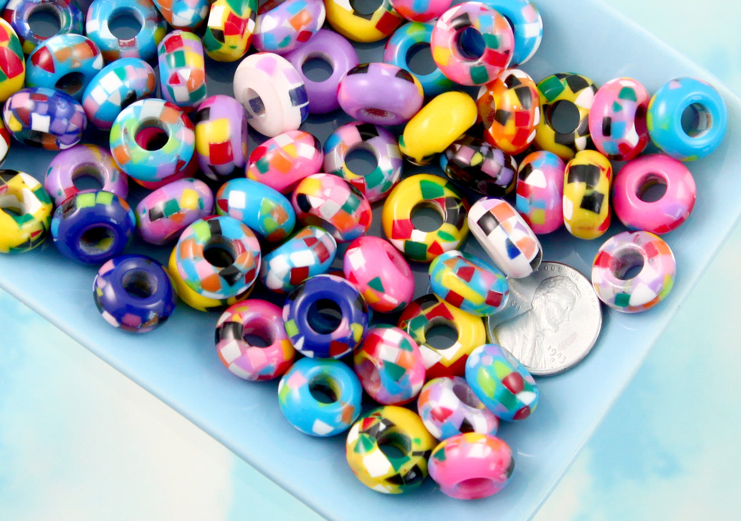 Colorful Resin Beads - 13mm Large Hole Confetti Rondelle Wide Euro Style Resin Beads - Super High Quality - 30 pcs set