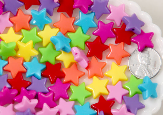 Plastic Star Beads - 14mm Small Flat Bright Color Plastic Stars Resin or Acrylic Beads - 80 pc set