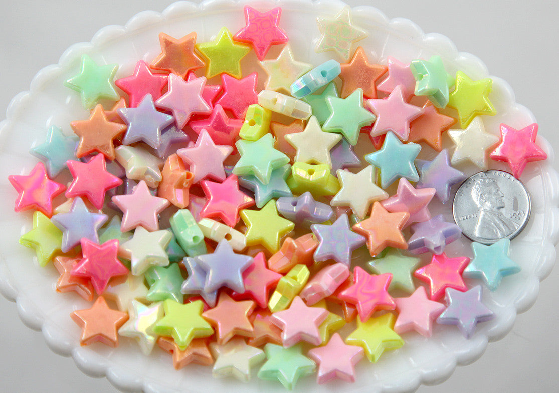 14mm AB Beautiful Bright Pastel Star with Shiny Iridescent Finish Acrylic or Resin Beads - 100 pcs set