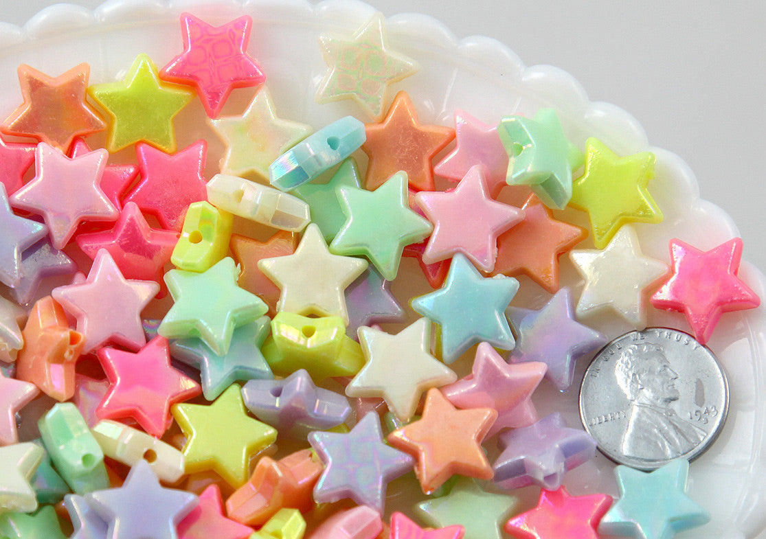14mm AB Beautiful Bright Pastel Star with Shiny Iridescent Finish Acrylic or Resin Beads - 100 pcs set
