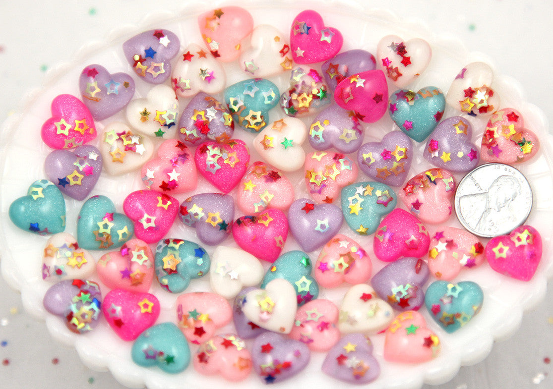 14mm Little Sparkle Party Confetti Pastel Heart Acrylic or Resin Flatback Cabochons - 20 pc set