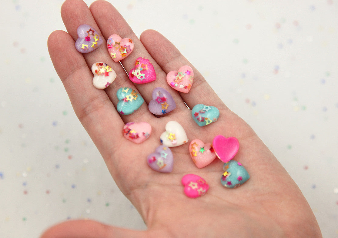 14mm Little Sparkle Party Confetti Pastel Heart Acrylic or Resin Flatback Cabochons - 20 pc set