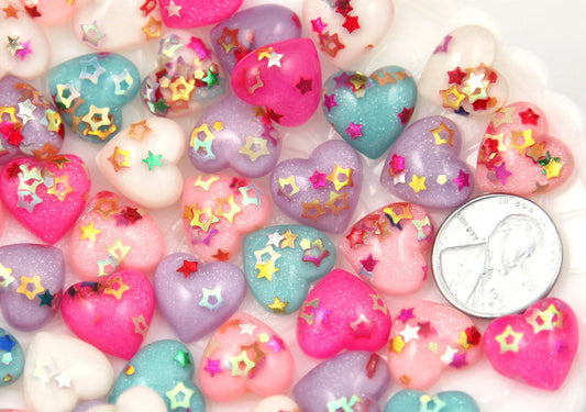 14mm Little Sparkle Party Confetti Pastel Heart Acrylic or Resin Flatback Cabochons - 20 pc set