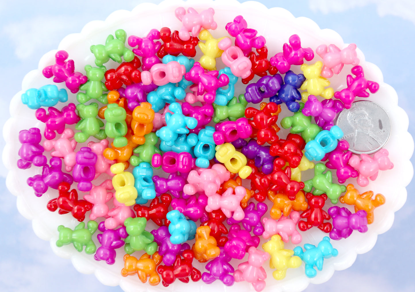 Bear Beads - 14mm Tiny Teddy Bear Bright Color Acrylic or Plastic Beads - 100 pc set