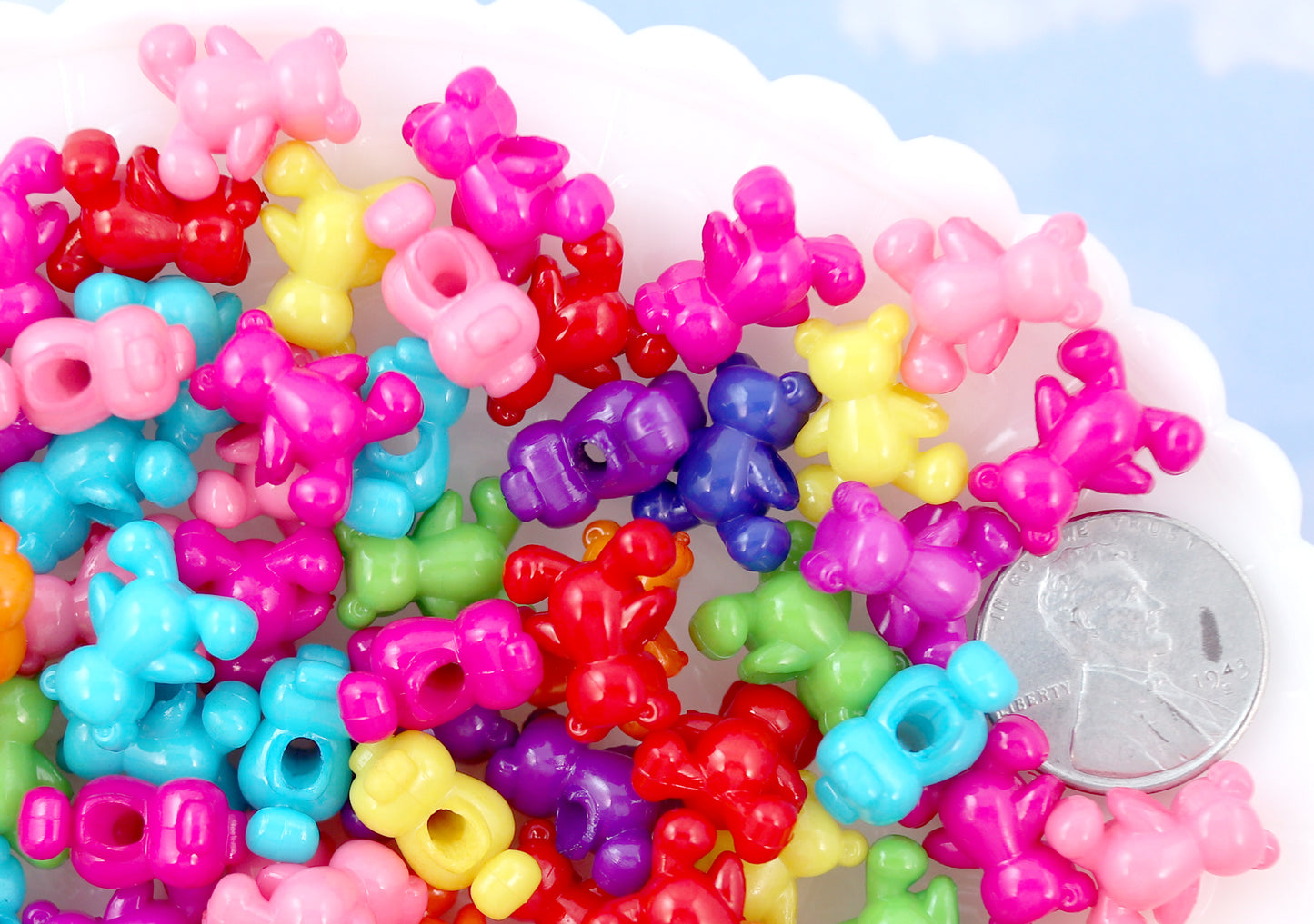 Bear Beads - 14mm Tiny Teddy Bear Bright Color Acrylic or Plastic Beads - 100 pc set