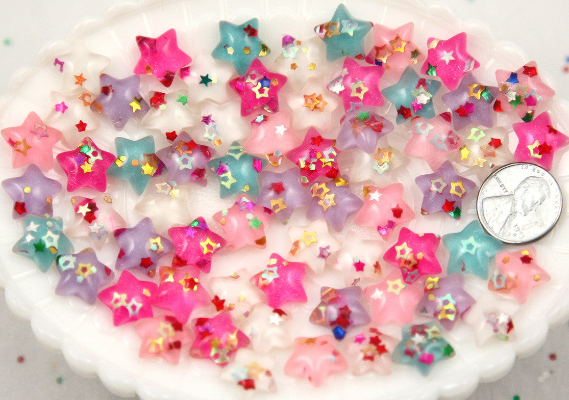 14mm Little Sparkle Party Confetti Pastel Star Acrylic or Resin Flatback Cabochons - 25 pc set