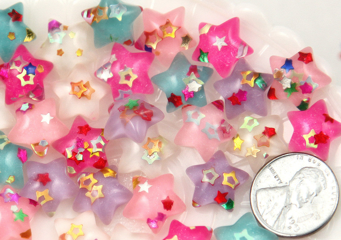 14mm Little Sparkle Party Confetti Pastel Star Acrylic or Resin Flatback Cabochons - 25 pc set