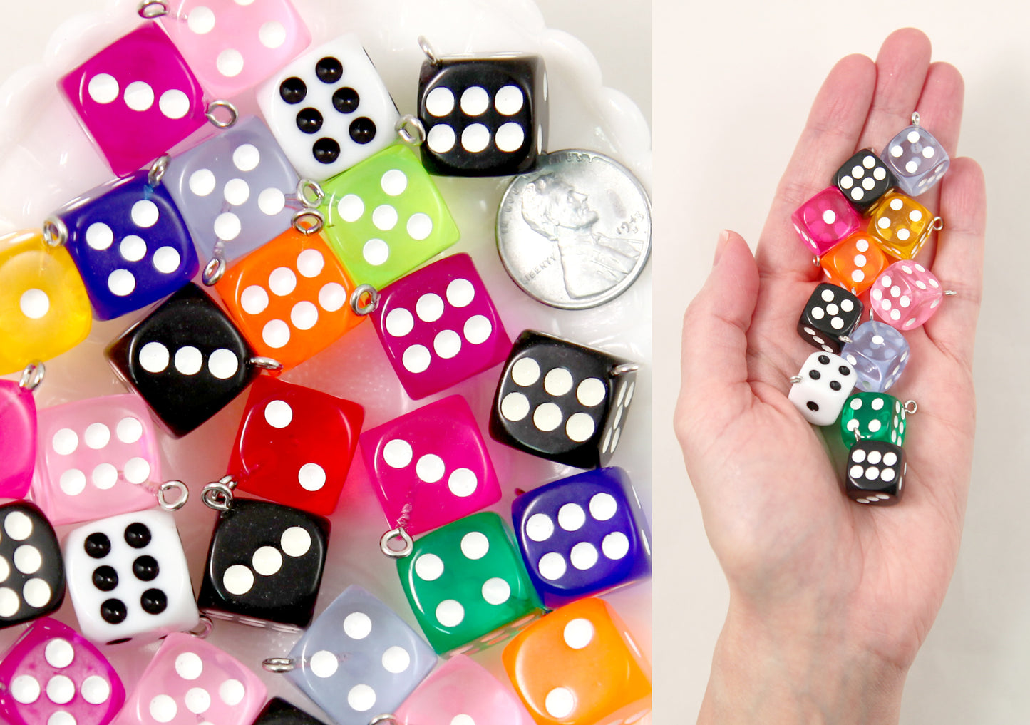 Dice Charms - 14mm D6 Dice Colorful Resin Charms Acrylic or Resin Pendants - 12 pc set