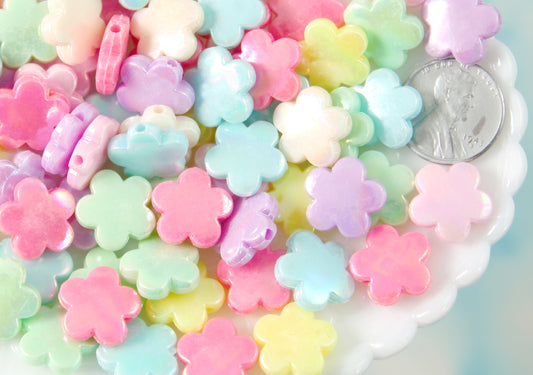 Pastel Beads - 14mm Flat Pastel AB Flower Acrylic or Resin Beads - 80 pcs set