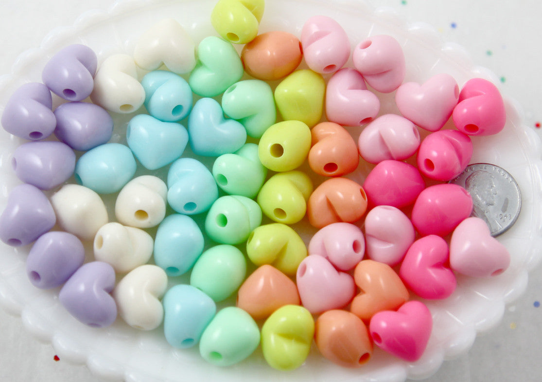 Pastel Heart Beads - 15mm 3D Convex Heart Beautiful Bright Pastel Puffy Hearts Acrylic or Resin Beads - 70 pcs set