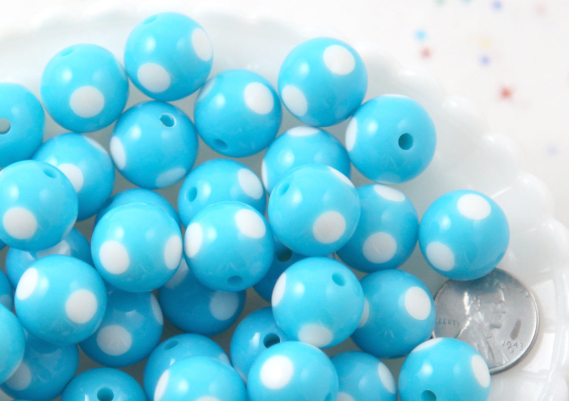 Polka Dot Beads - 15mm Inlaid Polka Dot Resin Beads - Sky Blue - 20 pc set