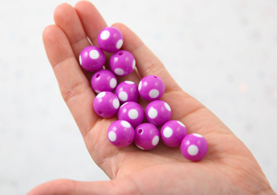 Polka Dot Beads - 15mm Inlaid Polka Dot Resin Beads - Fuchsia Purple - 20 pc set