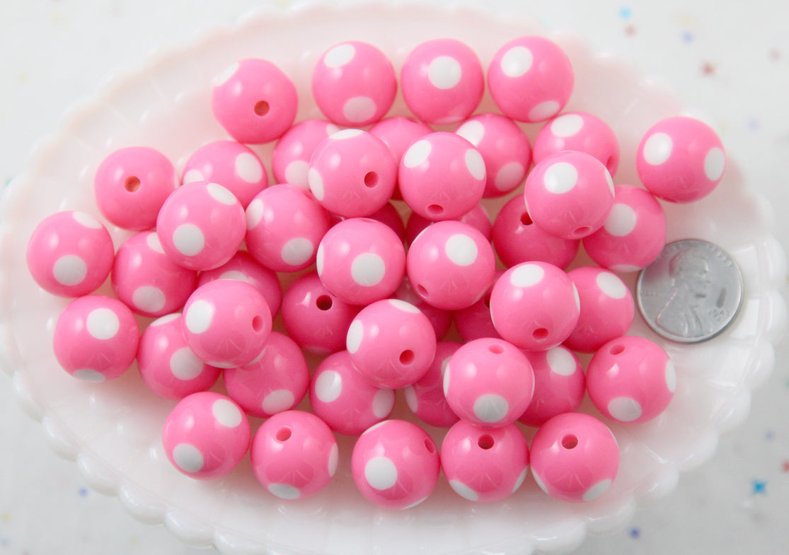 Polka Dot Beads - 15mm Inlaid Polka Dot Resin Beads - Pink - 20 pc set