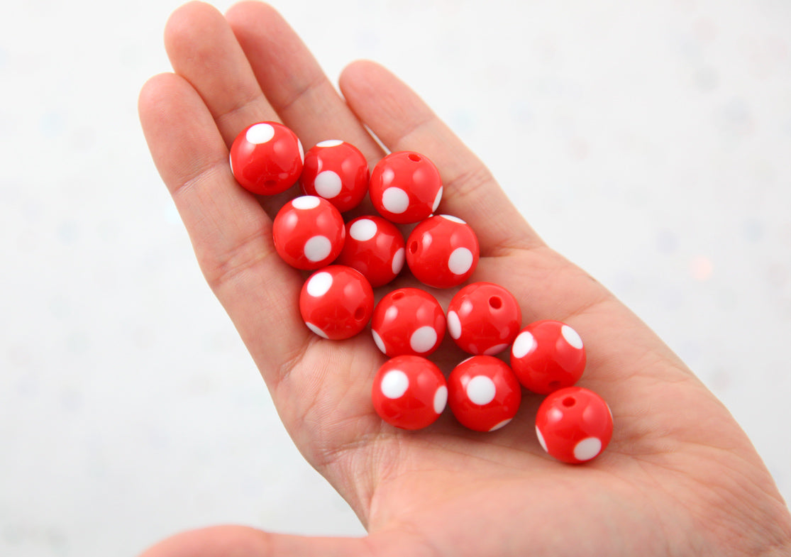 Polka Dot Beads - 15mm Inlaid Polka Dot Resin Beads - Red - 20 pc set