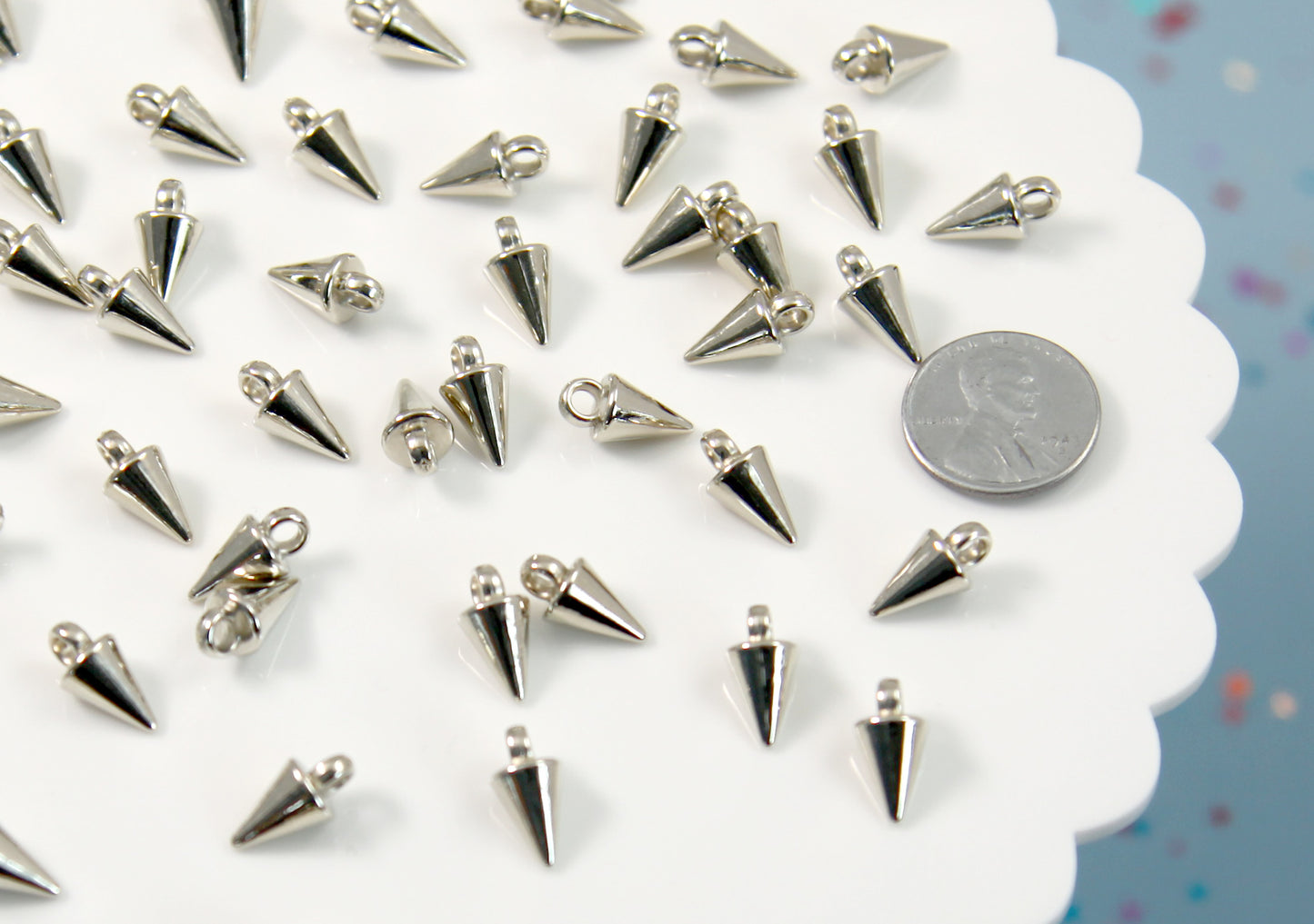 Small Spike Charms - 50 pc set - 15mm Small Spiky Charm - Electroplated Silver - With Holes to Easily make Jewelry