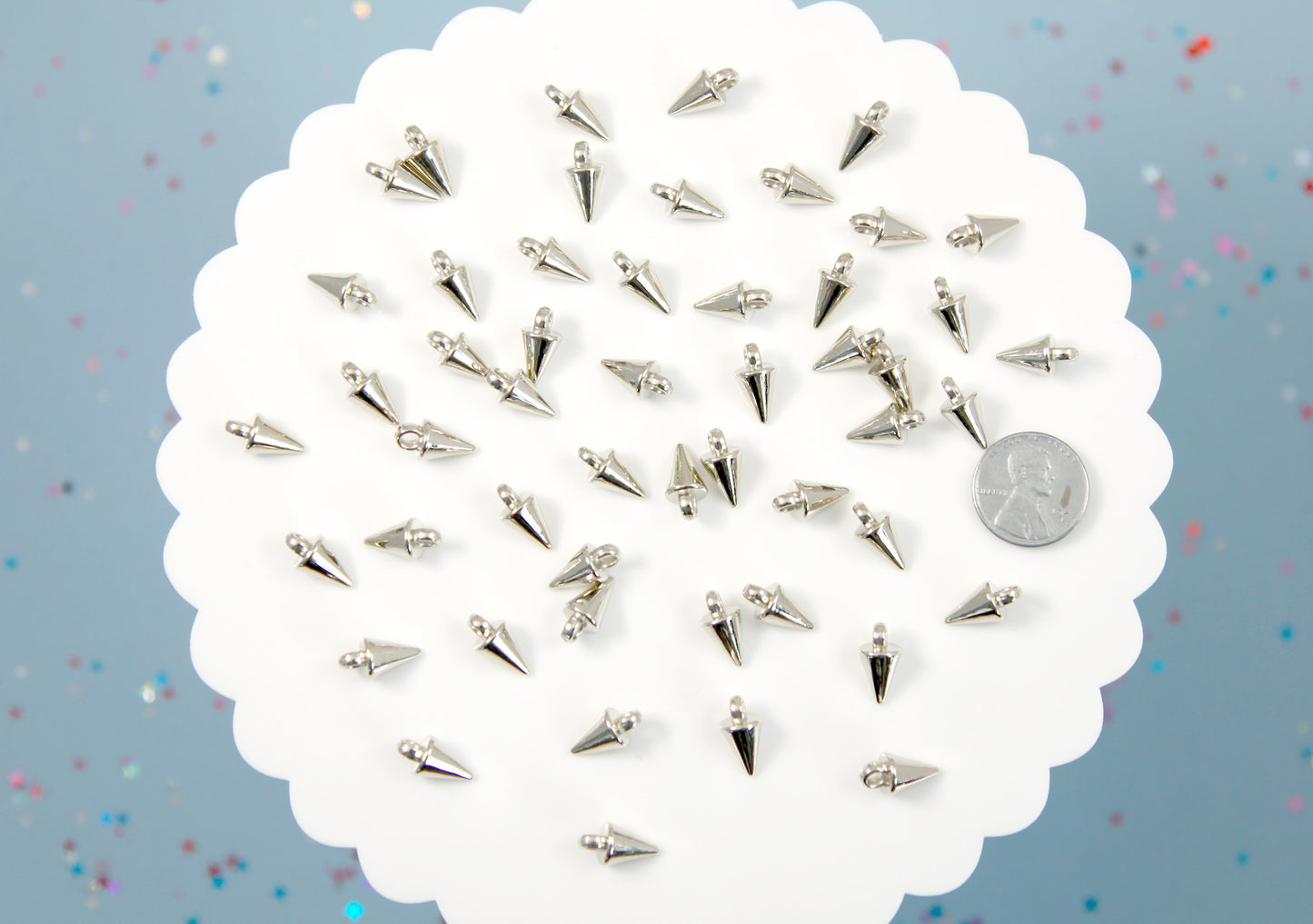 Small Spike Charms - 50 pc set - 15mm Small Spiky Charm - Electroplated Silver - With Holes to Easily make Jewelry