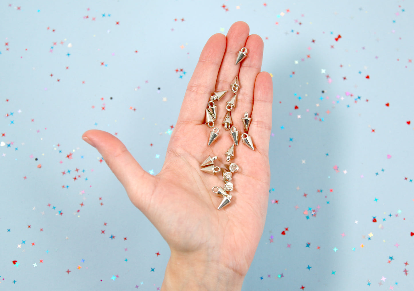 Small Spike Charms - 50 pc set - 15mm Small Spiky Charm - Electroplated Silver - With Holes to Easily make Jewelry