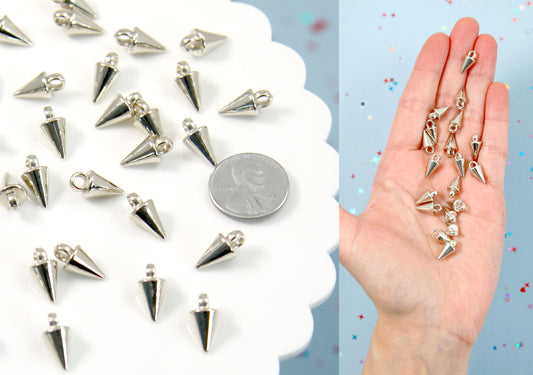 Small Spike Charms - 50 pc set - 15mm Small Spiky Charm - Electroplated Silver - With Holes to Easily make Jewelry