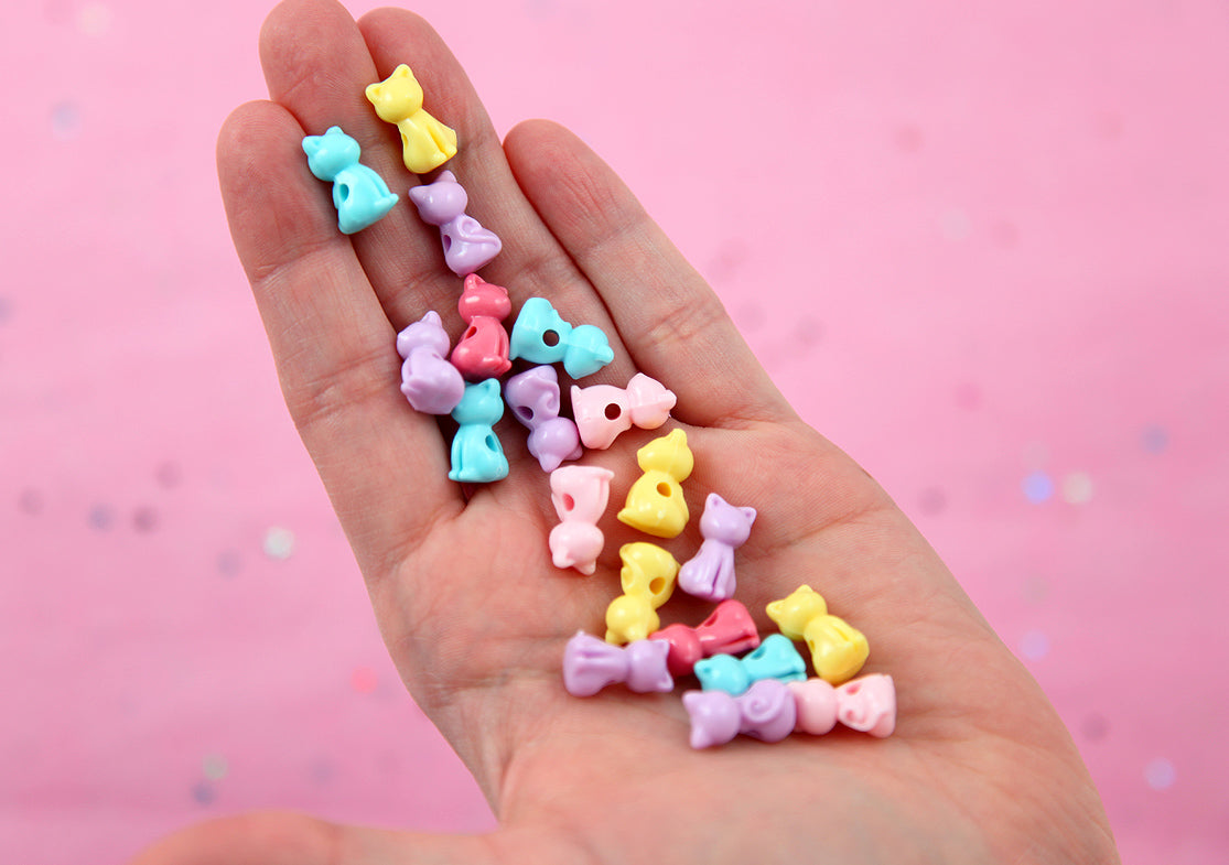 Kitty Cat Beads - 15mm Pastel Kitty Cat Bead Kawaii Acrylic or Plastic Beads - 100 pc set