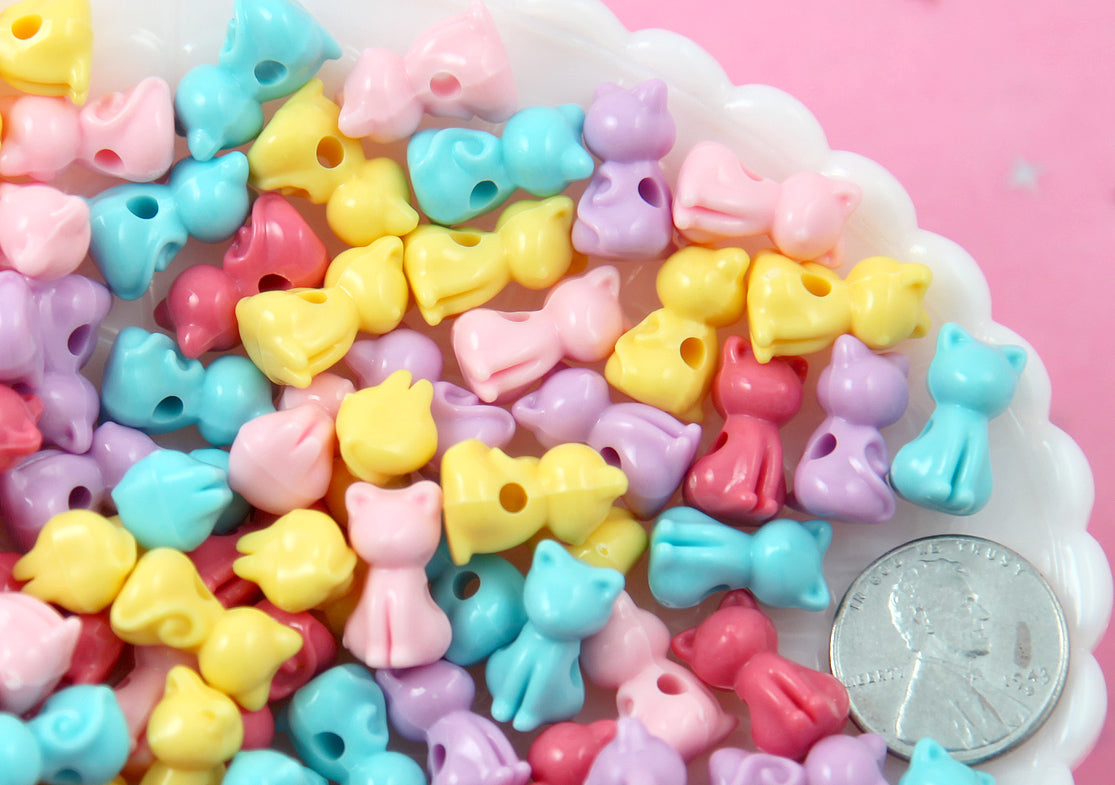 Kitty Cat Beads - 15mm Pastel Kitty Cat Bead Kawaii Acrylic or Plastic Beads - 100 pc set