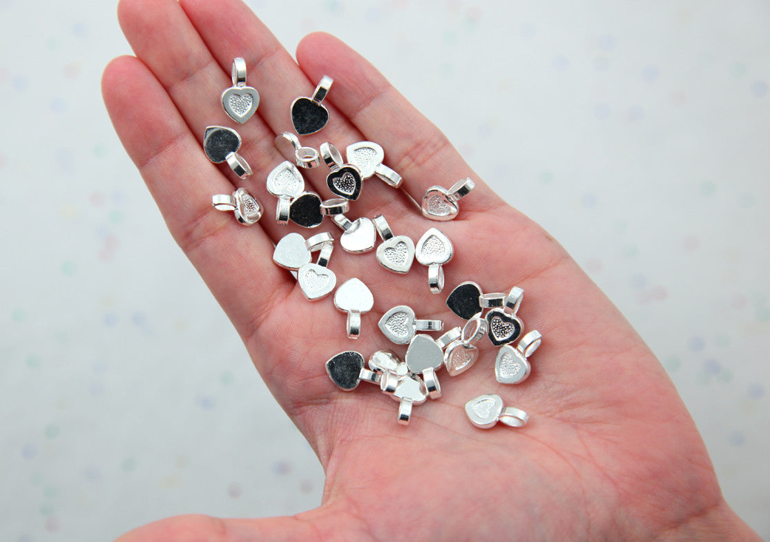 Heart Bails - 15mm Heart Shaped Silver Color Glue-On Bails - make cabochons into charms - 20 pc set