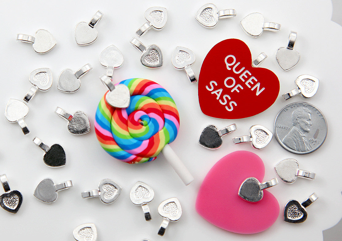 Heart Bails - 15mm Heart Shaped Silver Color Glue-On Bails - make cabochons into charms - 20 pc set