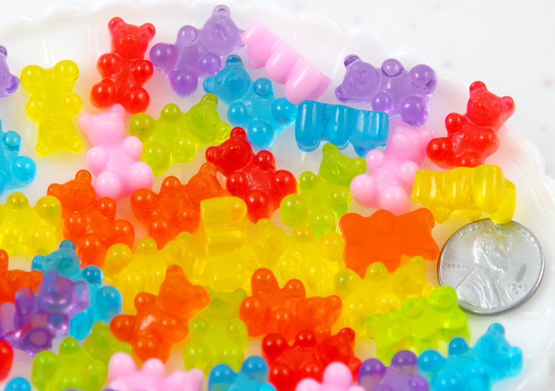 Fake Gummy Bears - 17mm Little Bright Color Fake Gummy Bears Resin Flatback Cabochons - 16 pc set