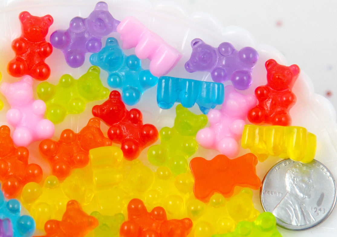 Fake Gummy Bears - 17mm Little Bright Color Fake Gummy Bears Resin Flatback Cabochons - 16 pc set