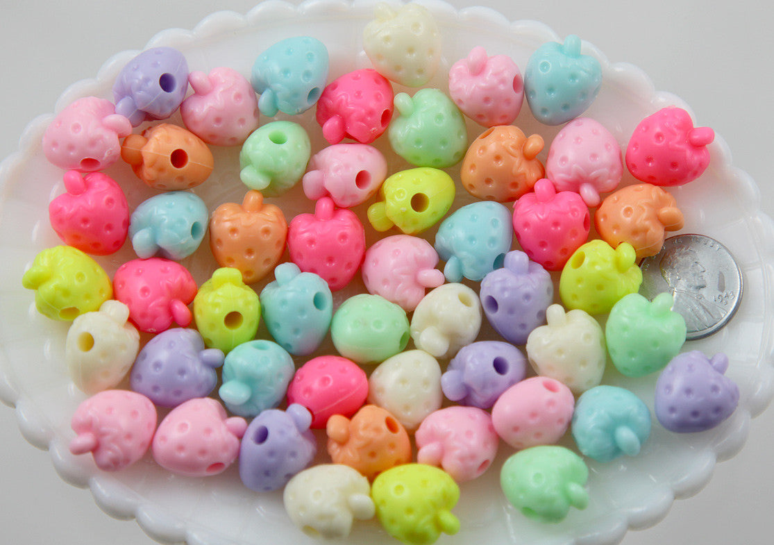 17mm Pastel Strawberry Acrylic Beads - Small Beautiful Bright Kawaii Strawberry Shape Resin Beads - 50 pc set